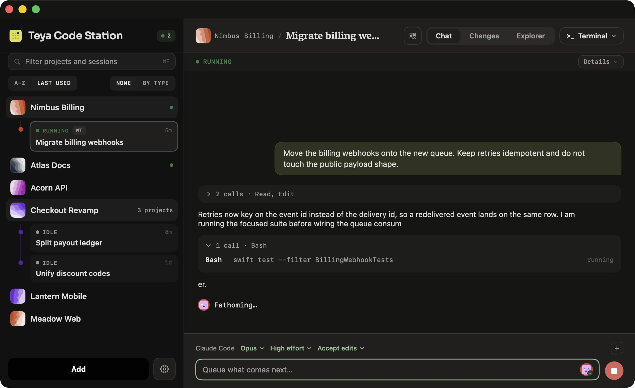 Several projects and sessions in the sidebar, with two sessions running while a Codex agent works through a billing migration.