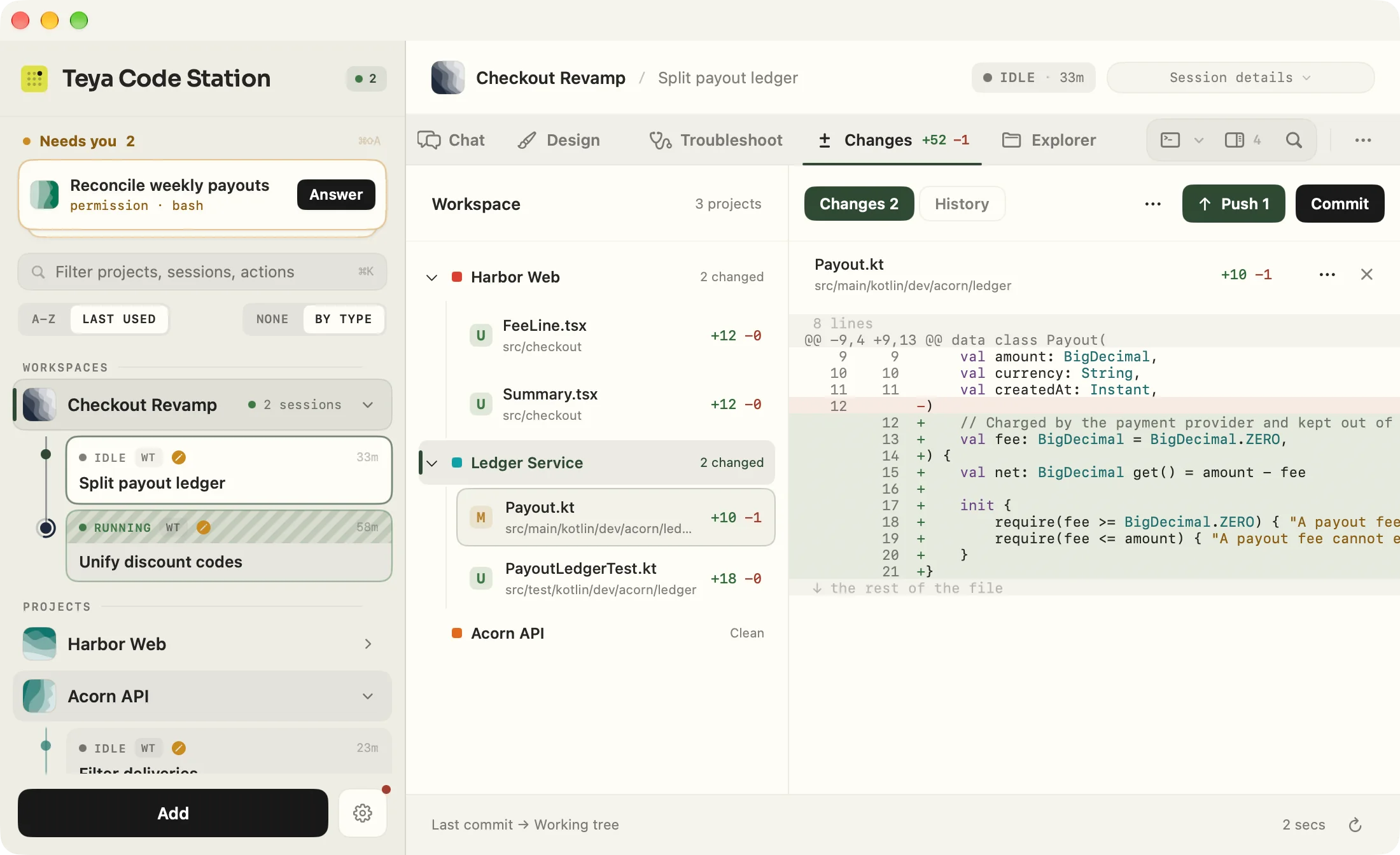 The Changes tab for a three-project workspace, with changed files grouped under each repository, a Kotlin diff open, and Push and Commit in the toolbar.