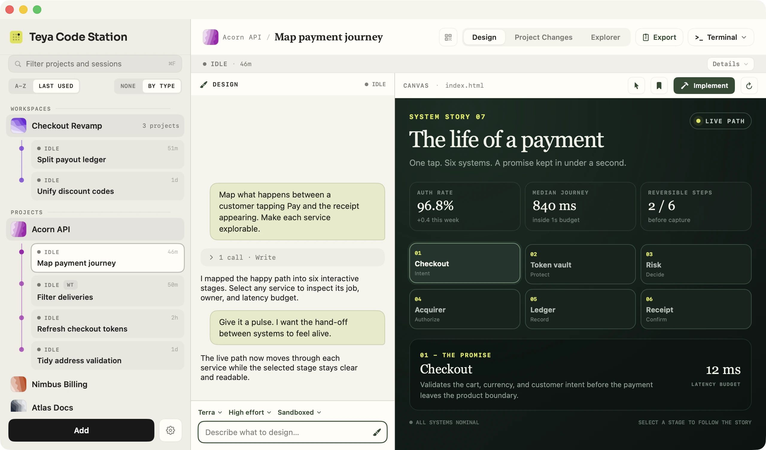 Code Station in Design mode with a conversation beside a live payment journey canvas.