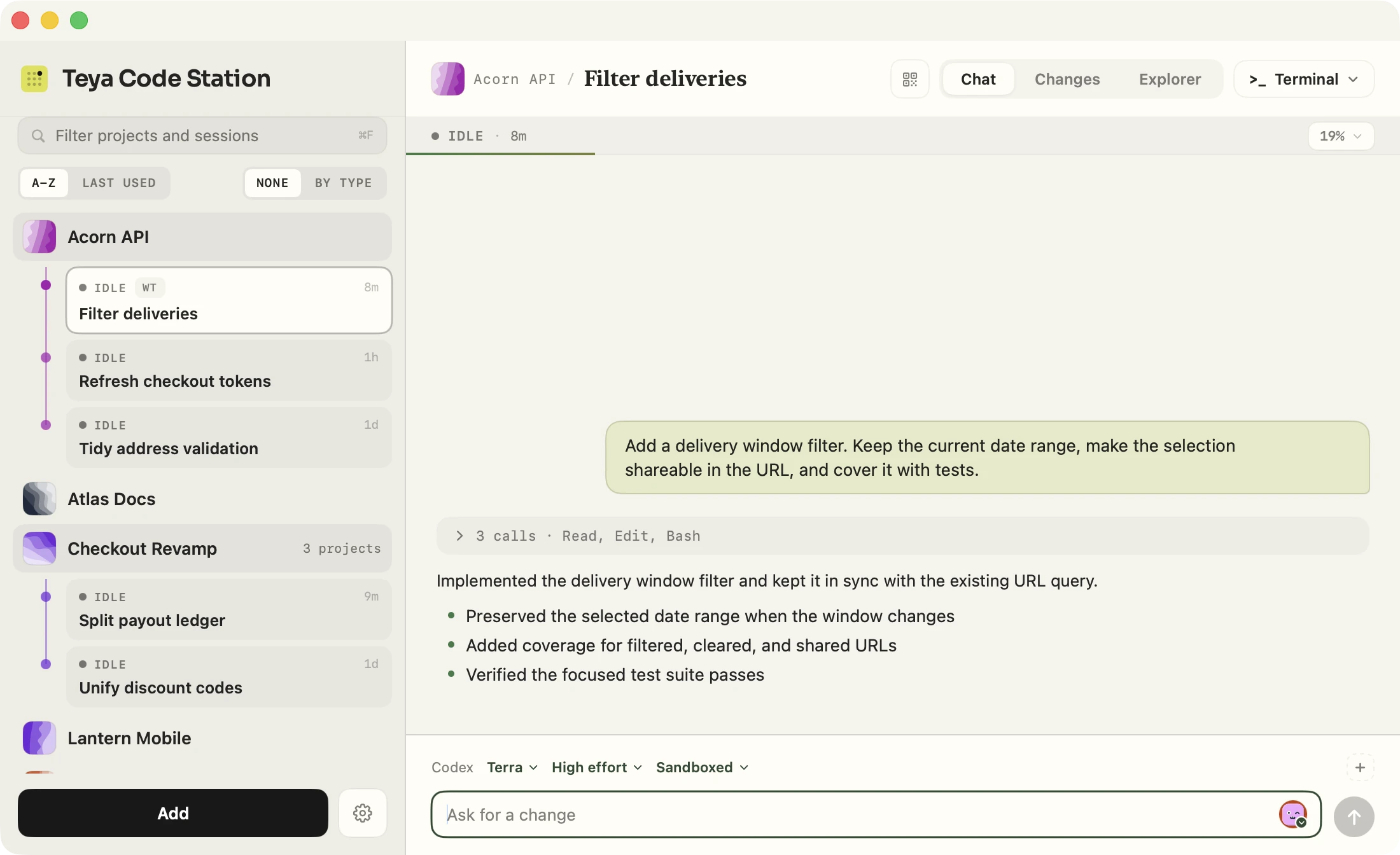 Code Station with a project sidebar on the left and an agent session open in Chat, showing the prompt, tool calls, and its summary.