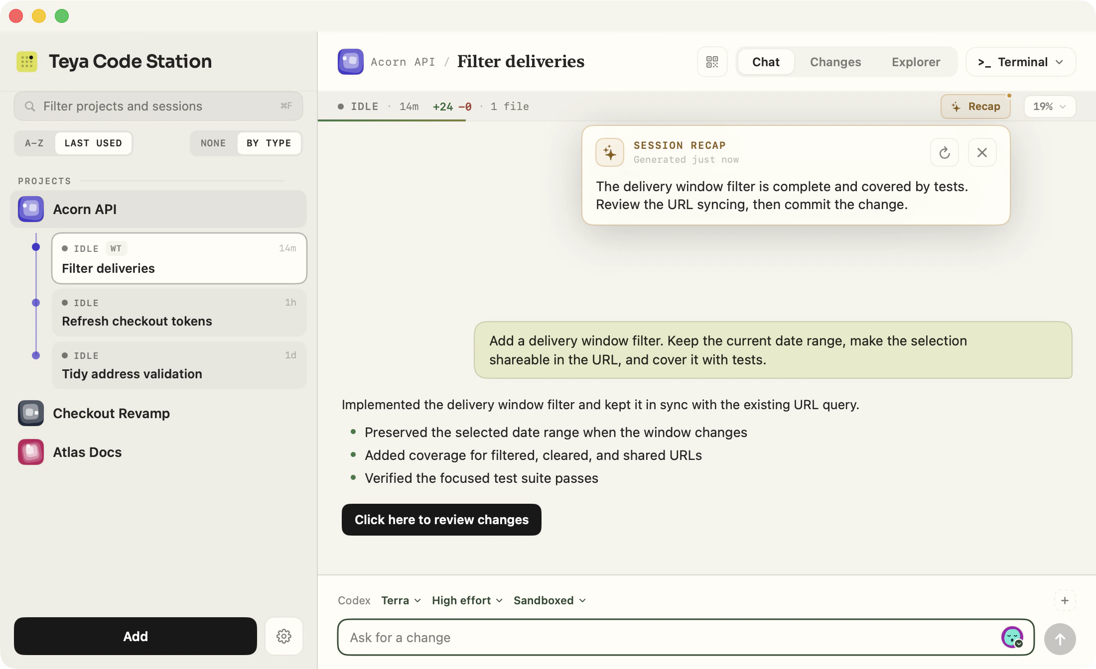 Code Station showing a concise recap above a completed coding-agent session, with controls to refresh or close it.