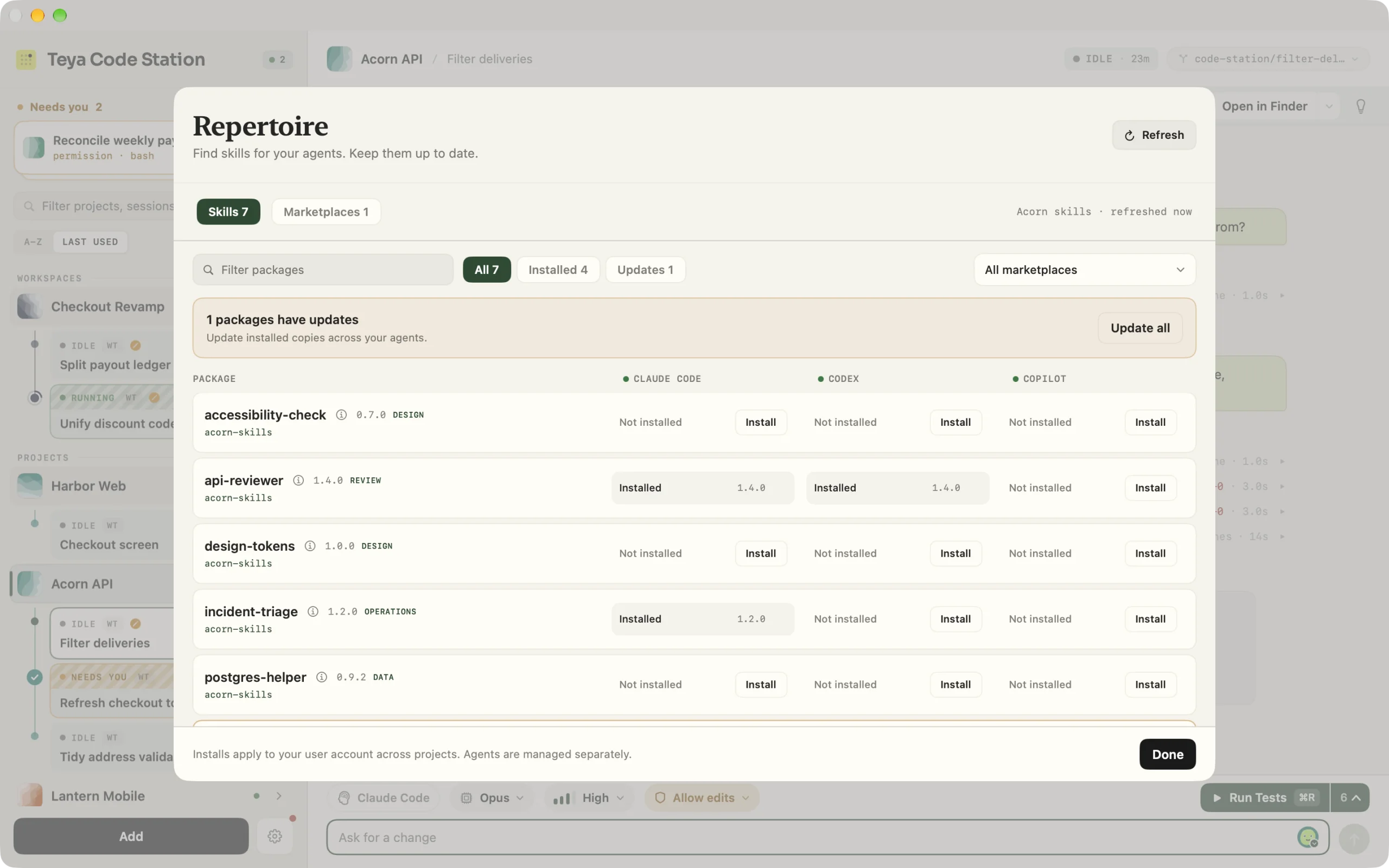 The Repertoire dialog listing skills from a marketplace, with install state for Claude Code, Codex and Copilot side by side and one update waiting.