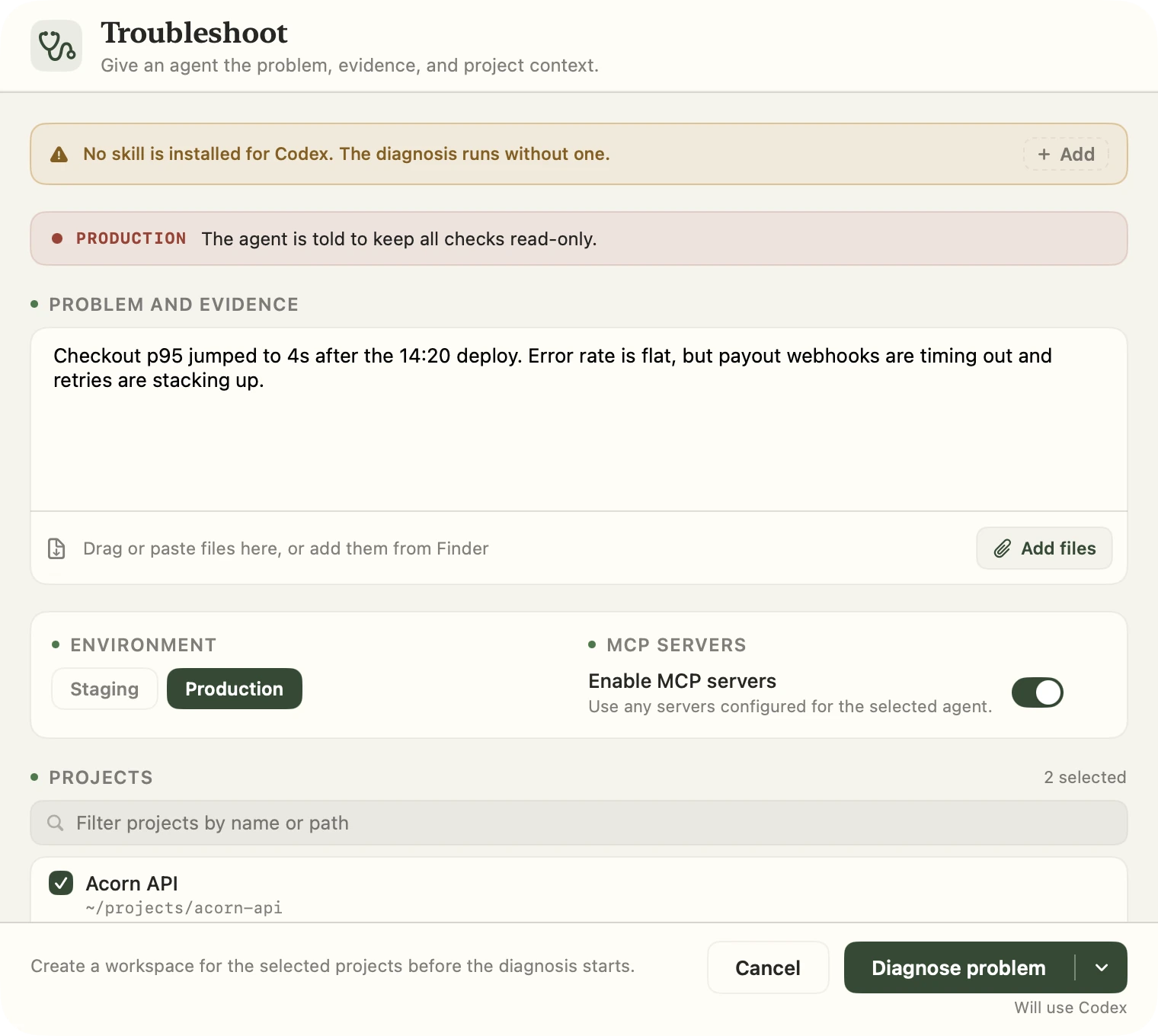 The Troubleshoot sheet with the problem written out, production selected, two projects chosen, and MCP servers enabled.