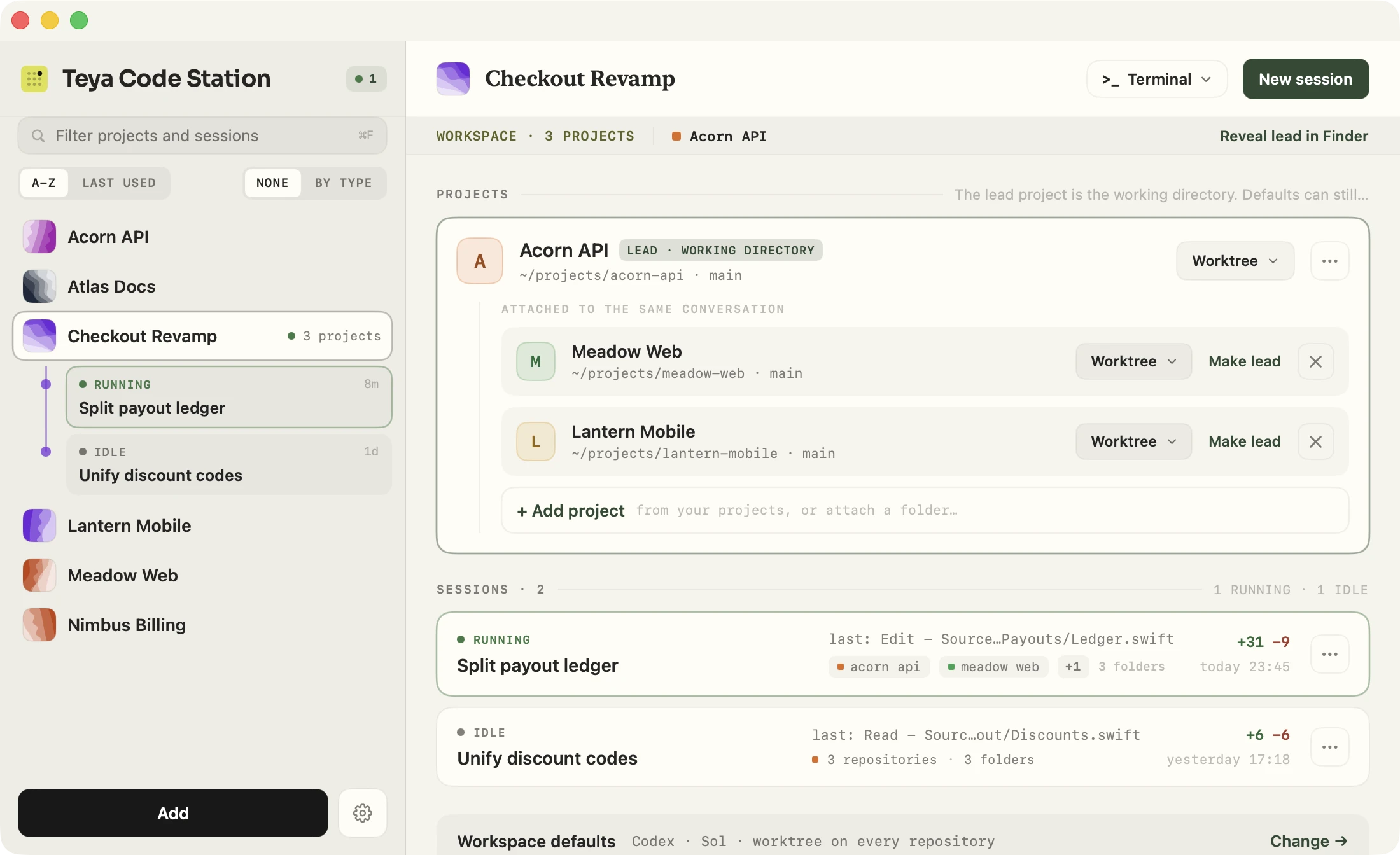 A workspace screen with a lead project marked as the working directory and two more projects attached to the same conversation.